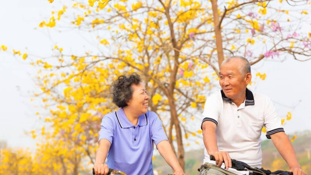 happy asian senior couple ride on bicycle  in the park